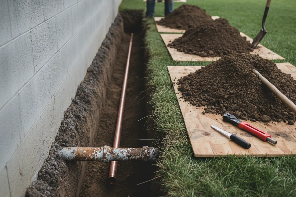 Excavated water line trench during Water Softener Installation in Stewartsville
